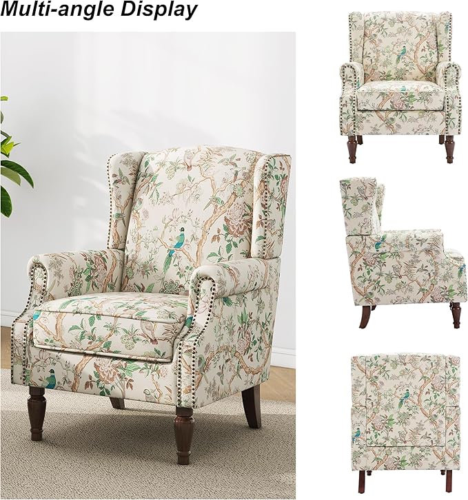 Floral High Back Accent Chair Upholstered Armchair with Solid Wood Legs Comfy Wingback Reading Single Sofa Chair for Small Spaces Living Room Bedroom(Floral Bird Set of 2)
