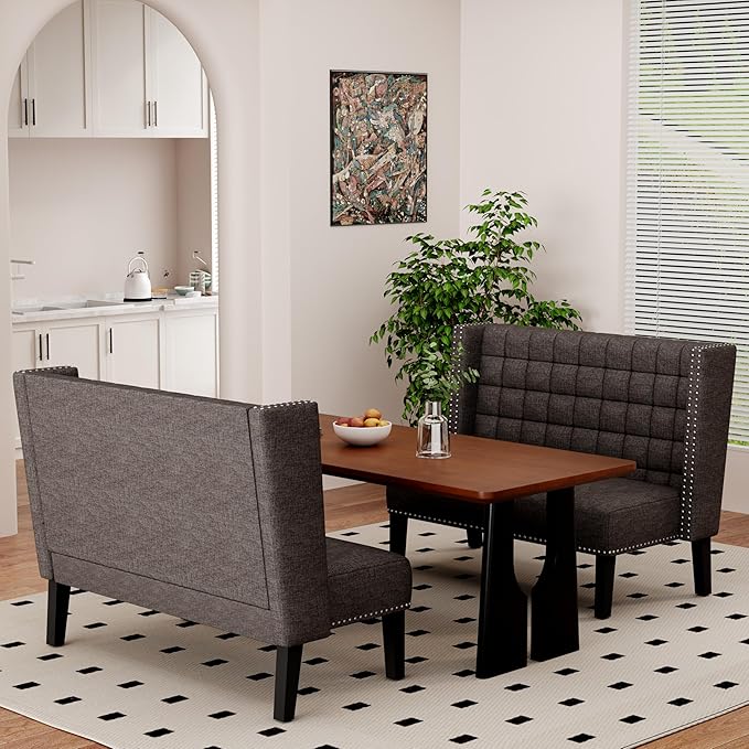 Yongqiang Modern Tufted Loveseat Settee Upholstered Bench with Back for Kitchen Dining Room Living Room Linen High Back Banquette Seating Sofa Couch with Wood Legs Grey
