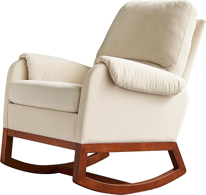 Modern Comfortable Velvet Rocking Chair for Living Room Reading Room Beige Color