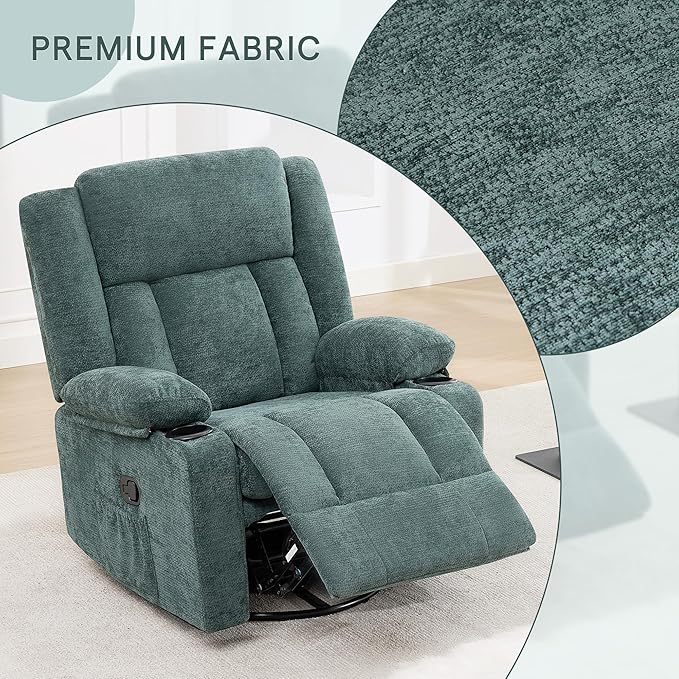 Swivel Rocker Recliner for Adults Manual Lazy Boy Recliner Chair with Cup Holders 360 Degree Rotating Nursery Rocking Chair Glider Recliner for Living Room (Green)