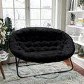 BizChair 56 Portable Folding Double Saucer Chair in Black Faux Fur with a Black Steel Frame for Dorm Living Room or Bedroom