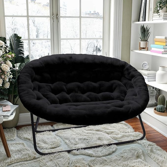 BizChair 56 Portable Folding Double Saucer Chair in Black Faux Fur with a Black Steel Frame for Dorm Living Room or Bedroom