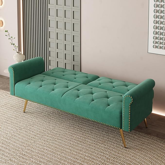 Modern Velvet 2 in 1 Futon Sofa BedConvertible Folding Sleeper Bed Couches with 2 Pillows73 Tufted Recliner Love Seat with Golden Chrome Legs for Living Room Apartment Office (Green)