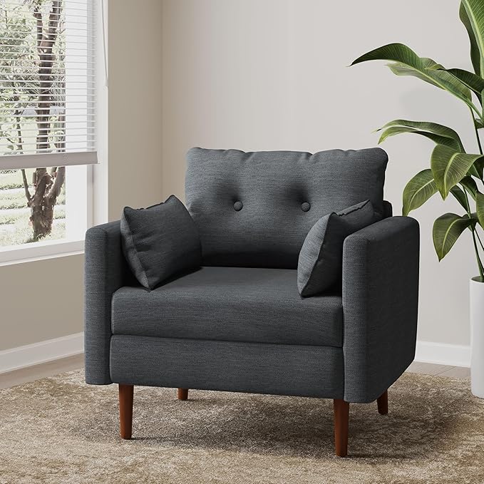 GDFStudio Tufted Club Chair Accent Armchair Accent Arm Reading Chair for Living Room Upholstered Button Armchair Lounge Chair with Comfy Cushion Wooden Leg for Bedroom Office Charcoal Grey