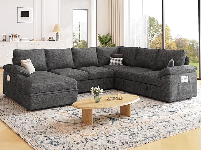 108 Inch Sectional Sleeper Sofa with Pull Out Bed U Shaped 7 Seat Modular Sectional Sofa with Storage Sectional Couches for Living Room Cloud Modular CouchRemovable Sofa Cover Dark Grey