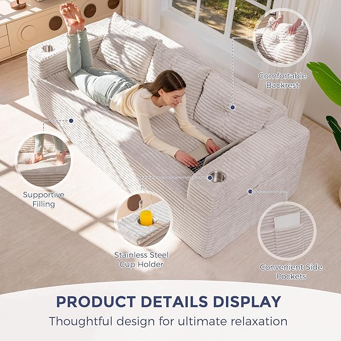 MAXYOYO 79 Oversized Boneless Loveseat Sofa Couch for Small Spaces Mini Love Seat Floor Couch with Cup Holders and Pillows 3-Seater Upholstered Cloud Couch for Bedroom No Assembly Required