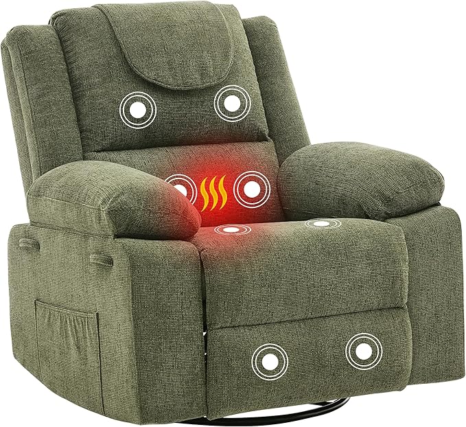 360° Swivel Rocking Recliner Chair Upholstered Linen Glider Nursery Chair with Side Pockets Comfortable Lazy Recliner Single Sofa for Living Room &amp Small SpacesGreen