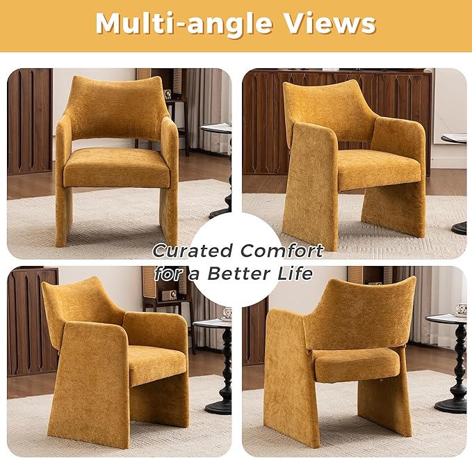 Mid-Century Chenille Accent Chair Set of 2 Geometric Open-Back Upholstered Armchair with Non-Slip Frame Cozy Reading Chair for Home &amp Office (Yellow)