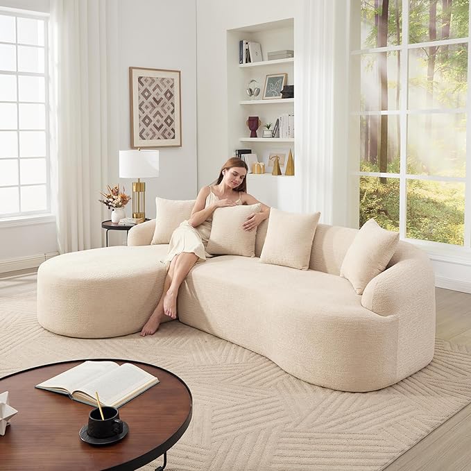 DEINPPA L Shape Modular Couch 3-Seater Chenille Comfy Couch with Throw Pillows Modern Cloud Sofa for Living Room Apartment-Beige