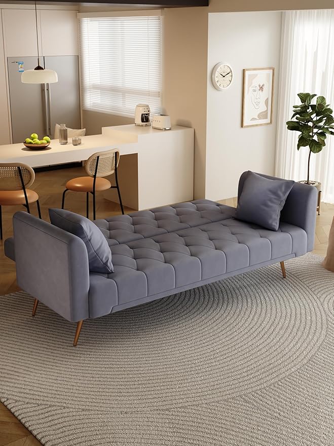71 Convertible Velvet Futon Sofa Bed Loveseat with Multiple Adjustable BackrestsModern Sleeper Couch with Golden Metal Legs for Living RoomApartmentOfficeGray