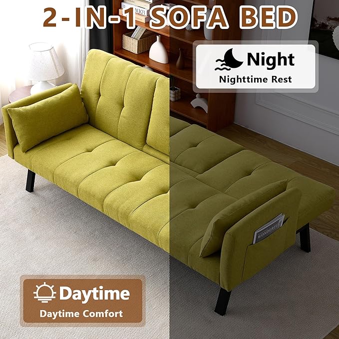 70 Beige Futon Couch Bed Sofa Comfortable Futon Loveseat with Cupholders &amp Arms Convertible Fouton Sofas with Adjustable Backrest &amp Pockets for Small Spaces Living Room Bedroom Dorm (Green)