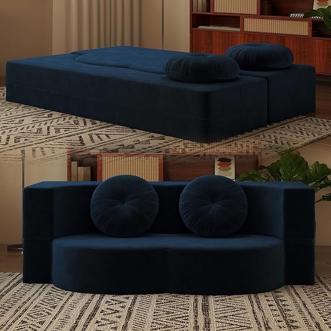 2-in-1 Full Size Convertible Floor Sleeper Couch Sofa Bed78”Folding Boneless Large Futon Loveseat Sofa with 2 Pillows Foam-Filled Compression Guest Couches Bed for Living Room (Blue)