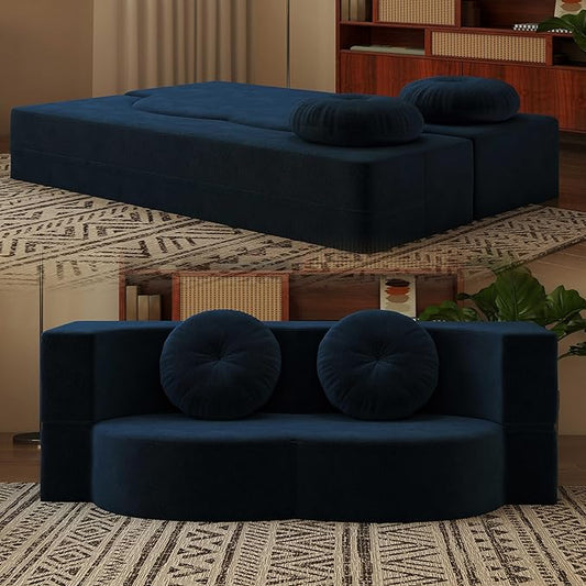 2-in-1 Full Size Convertible Floor Sleeper Couch Sofa Bed78”Folding Boneless Large Futon Loveseat Sofa with 2 Pillows Foam-Filled Compression Guest Couches Bed for Living Room (Blue)