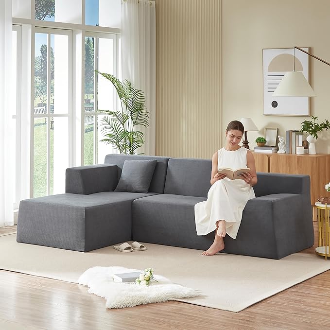 KEIKI 96 L-Shaped Corduroy Modular Sectional Sofa with Left Chaise Lounge &amp High Back &amp High Resilience Cushion Modern Oversized Convertible 3-Seater Couch Easy Assembly for Living Room D