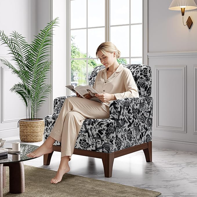 Floral Accent Chair Set of 2 Upholstered Armchair with Solid Legs Comfy Reading Single Sofa with Spring-Padded Cushion for Bedroom Black