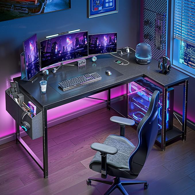 EnHomee 48 L Shaped Desk Office Desk with Power OutletsComputer Desk with Reversible Storage Shelves &amp Side BagSmall Gaming Desk for Gaming Working Small Space Home Office BedroomBlack