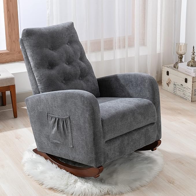 Cozy Linen Reclining Rocking Chair with Side Storage Pocket Comfortable Button Tufted Rocker Elegant and Functional Rocking Recliner Chair Ideal for Living Room &amp Nursery Dark Grey