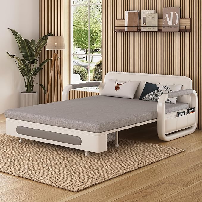 Pull-Out Sofa Daybed with Trundle Versatile Futon Couch with Sleeping Function and Storage Space Sofa Bed for Small Rooms and Living Rooms Dark Grey and White (62.2)