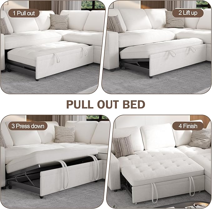 Sunny Heart Chenille Modular Sectional Sleeper Sofa with Pull Out Bed L Shaped Sectional Sofa with USB Ports/Adjustable Backrest/Storage Seats Tool-Free Assembly Couches for Living Room Beige