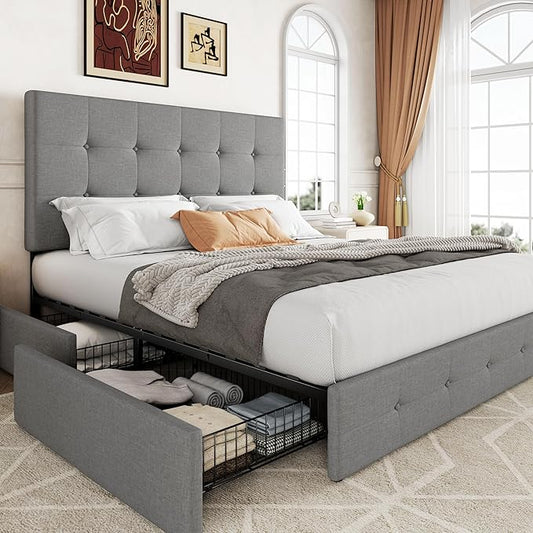 Allewie Upholstered Full Size Platform Bed Frame with 4 Storage Drawers and Headboard Square Stitched Button Tufted Mattress Foundation with Wooden Slats Support No Box Spring Needed Light Grey