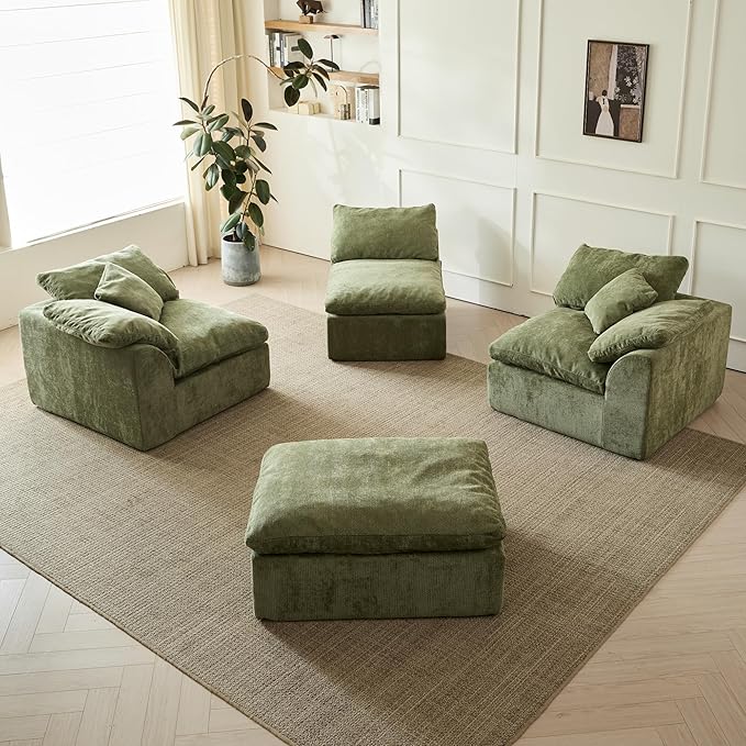 109 Modern Cloud Couches for Living Room Deep Seat Convertible L-Shape Boneless Couch with Ottoman Oversized Comfy 3-Seater Couch Chenille Fabric Compressed Sofa Modular Sectional Sofa (Green)