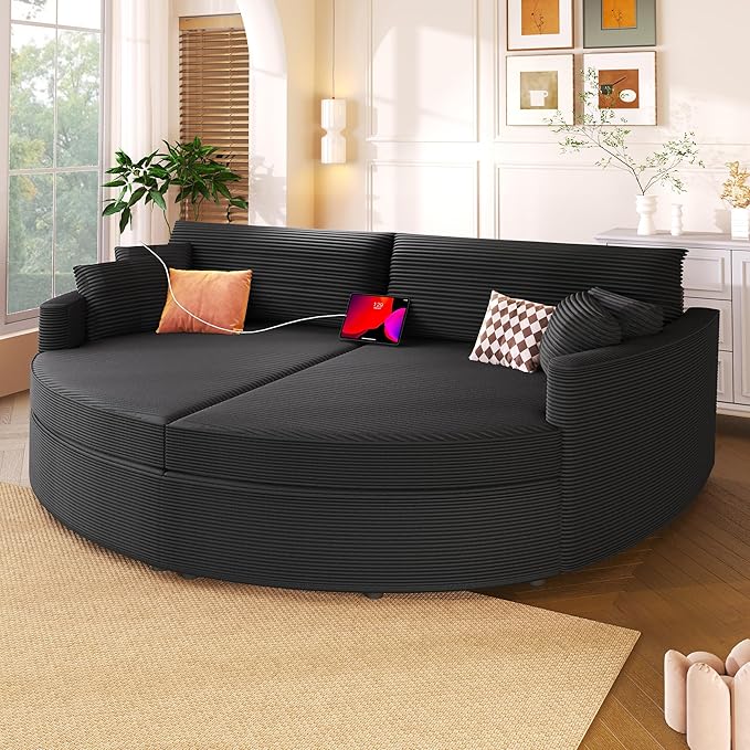 JUSTONE 102.3 Oversized Double Chaise Lounge Sofa Bed Convertible Loveseat with Deep Seat &amp USB Ports Modern Upholstered Couch for Living Room Black