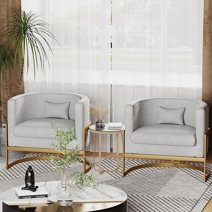 Alunaune Modern Velvet Accent Chair Barrel Living Room Chairs Upholstered Armchair Lounge Chair Mid Century Tub Bucket Club Side Chair Sofa for Bedroom-Grey