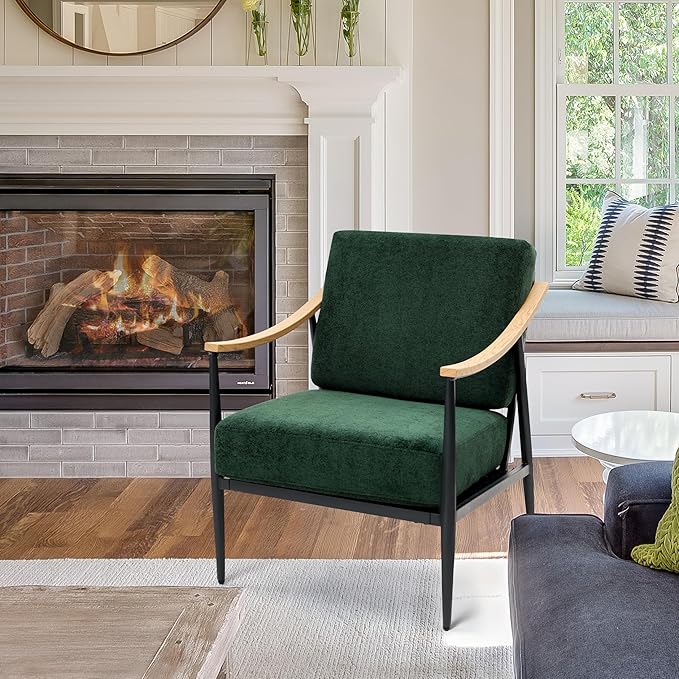 Modern Accent Chair for Living Room Bedroom Mid Century Arm Chair Upholstered Office Accent Chair Comfy Waiting Room Chair with Metal Frame Green