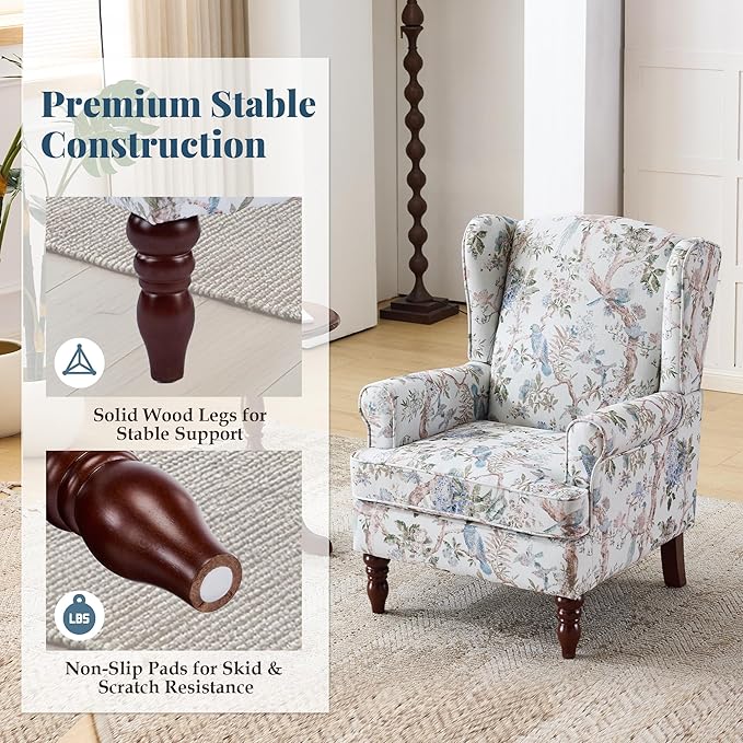 EROMMY Floral Accent Chair Comfortable High Back Upholstered Armchair with Solid Wood Legs Leisure Single Sofa Chair for Living Room Bedroom Home Office Light Blue Floral&ampBird
