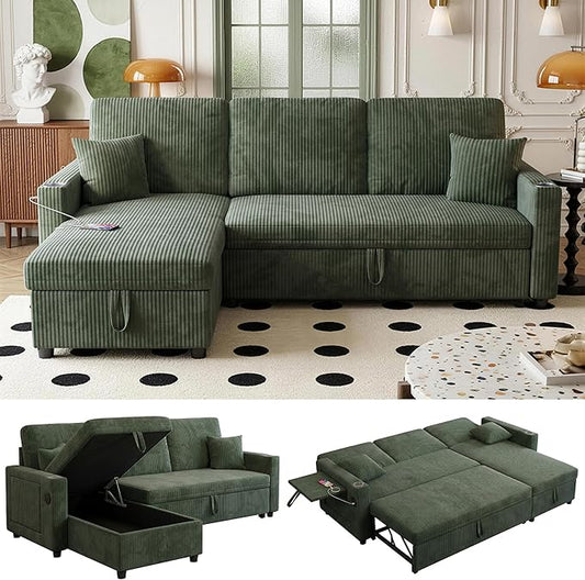Sectional Sleeper Sofa with Pull Out Couch Bed 83.46 L Shaped Couch with Storage Chaise and Pillows Convertible Corduroy Cloud Sofa with USB Type-C &amp Hide Desktop &amp Cup Holder &amp Side Po
