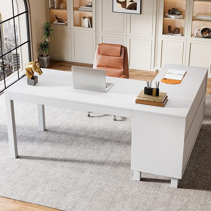 Tribesigns L-Shaped Desk with File Cabinet 59-Inch Executive Office Desk with Storage Shelves Wooden Study Writing Desk Farmhouse Corner Computer Desk for Home Office White