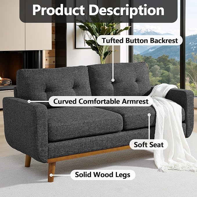 68“ Mid Century Modern Loveseat Sofa for Small Living Room Rraditional 2 Seater Couch for Office Apartment Bedroom Mini|Small|Vintage|Wood Frame|Chenille Fabric|600 LBS|Tufted (Dark Grey)