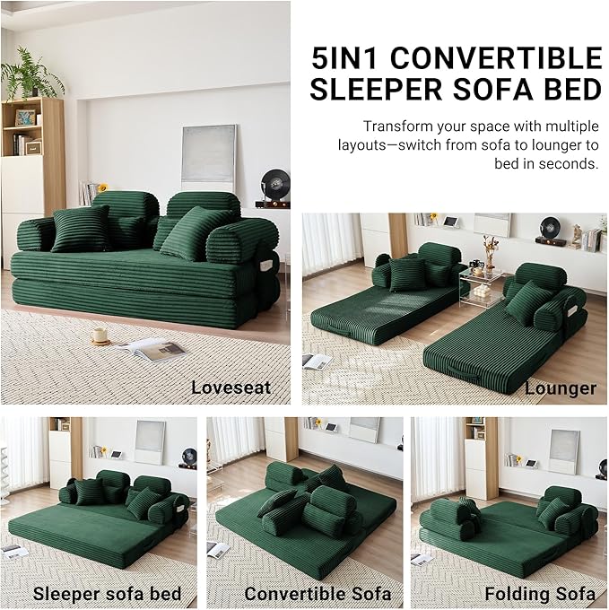 79 Boneless Couch with High Backrest Headrest Comfy Modular Foldable Floor Sleeper Sofa 5-in-1 Convertible Sofa Bed for Living Room Bedroom Lounge Studio Green