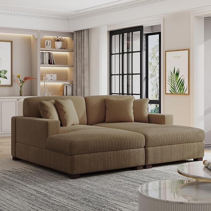 82.6 W Oversized Double Chaise Lounge Sofa Couch Comfy Corduroy Sleeper Sofa Bed with Deep Seat Modern Upholstered Cloud Couch with Pillows for Living Room Camel