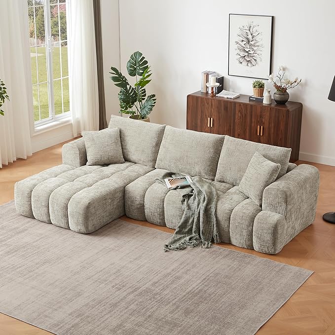 108 L-Shaped Sectional Sofa Compressed Boneless Cloud Couch with Left Chaise &amp Pillows Chenille Upholstered 4-Seater Modular Sofa for Living Room No Assembly Cream Khaki
