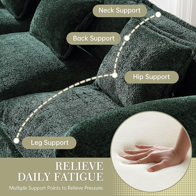 Modular Sectional Sofa Cloud Couch 112 L-Shape Sofa Chenille Comfy Upholstered with Removeable Ottoman and 3 Pillows for Living Room Emerald