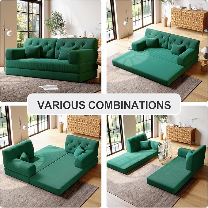 5-in-1 Folding Convertible Sofa Bed Loveseat Sleeper with Pull-Out Bed Floor Sofa Modular Futon Couch 79 Oversized Corduroy Upholstered Boneless Couch for Living Room Bedroom Lounge Green-C