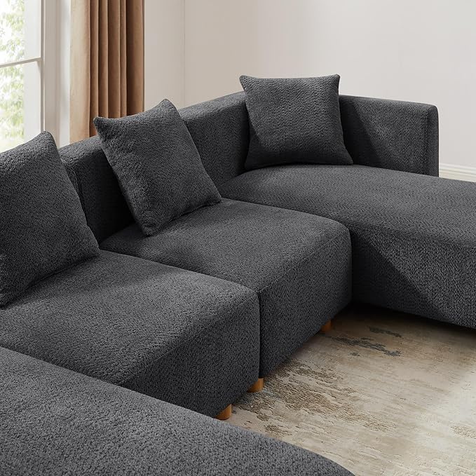 VANOMi 113 Sectional Sofa with 4 Pillows U-Shaped 4-Seater Comfy Boucle Cloud Couch Modern Double Chaises Lounge Sofas for Living Room Office Apartment (Dark Gray-U)
