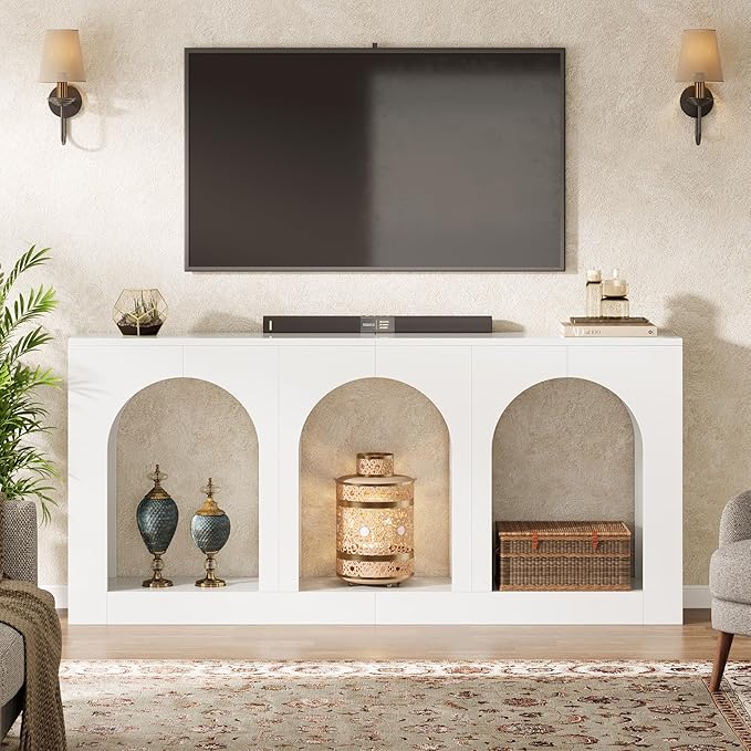 Tribesigns 70.9 White Console Table with Storage Wood Entryway Entry Table with 3 Arched Shelves for Foyer Hallway Living Room Behind Couch Sofa Narrow Long