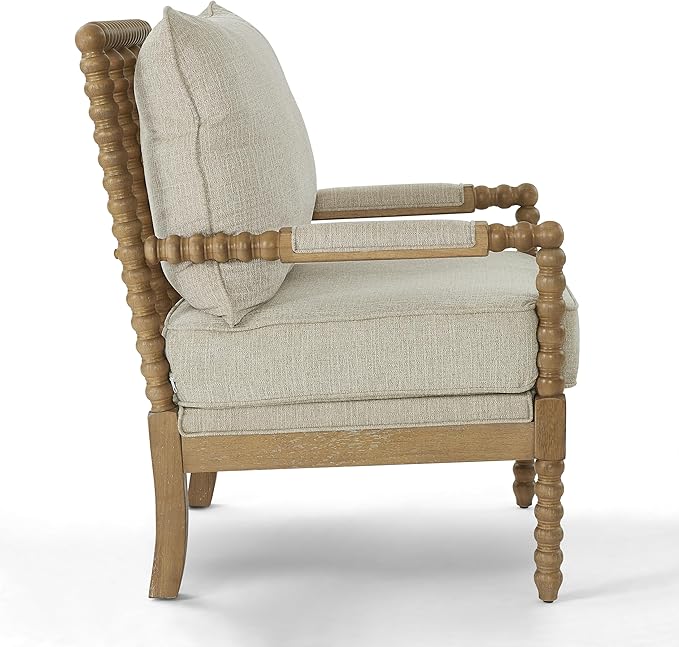 Morden Fort Linen Fabric Spindle Accent Chair with Wood Frame French Style Accent Chairs with Padded Spring Seat and Armrest Pads Brushed Base for Living Room Bedroom Farmhouse Office Balcony(Beige)
