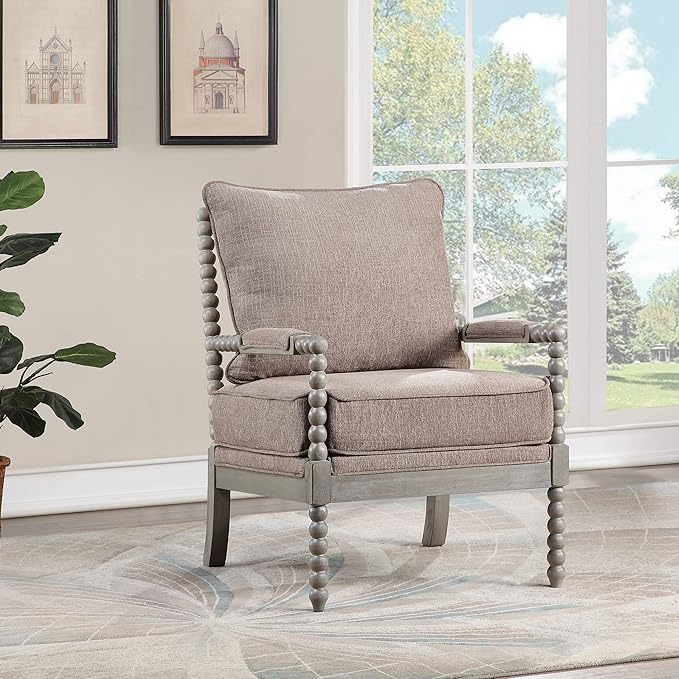 OSP Home Furnishings Abbott Spindle Accent Chair with Padded Spring Seat and Brushed Grey Base Dolphin Beige Fabric
