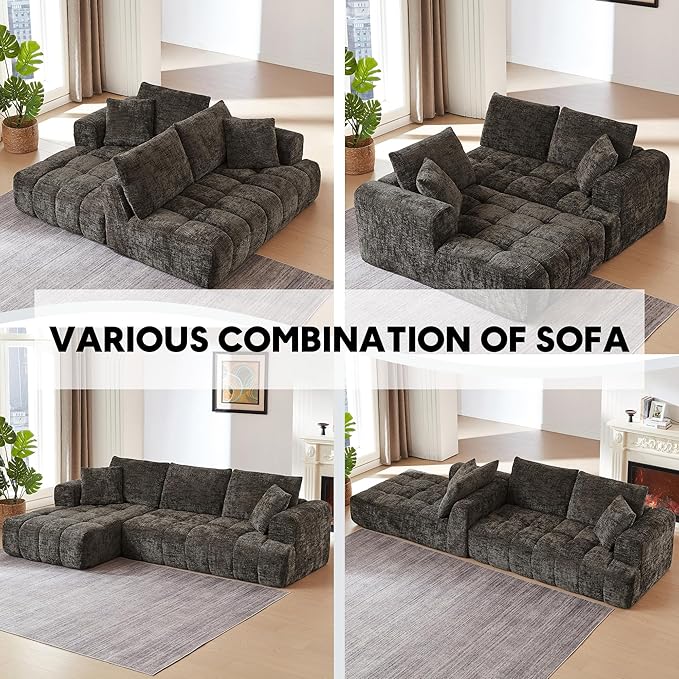 108” Cloud Modular Sectional Sofa Couch with Deep Seat Modern L-Shaped Boneless Couch with Chaise Comfy Chenille Sofa for Living Room No Assembly Required (Brown Left Facing Chaise)