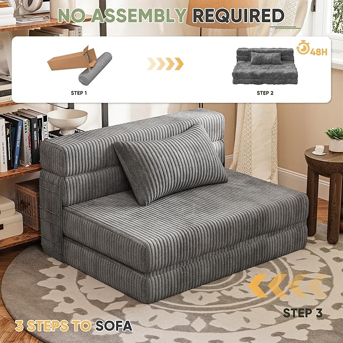 Homall Folding Sofa Bed Floor Couch Convertible Sleeper Chair with Pillow Comfy Futon Lounge Sofas Portable Fold Out Chair Bed for Living Room Small Space (Corduroy Slate Grey)