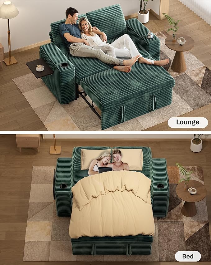 Vipbear 65 Loveseat Sleeper Sofa with Pull Out Bed Plush Corduroy 3-in-1 Convertible Sofa Bed with Reclining Backrest|USB Ports|Cup Holders|Side Table|Storage Armrests Tool Free Assembly Green