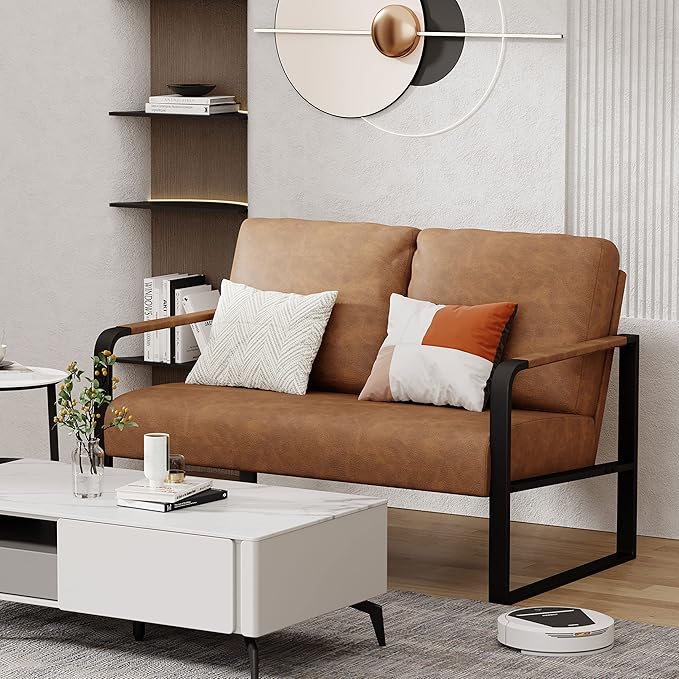 Love Seat Mini Couch Small Settee Loveseat Bench for Living Room Faux Leather Loveseat Sofa Couches for Small Spaces with Padded Cushion Mid Century Modern Light Brown Love Seats