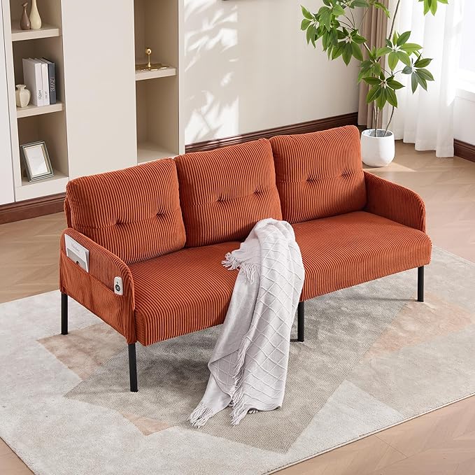KEIKI 67 Corduroy Loveseat Sofa with Double Side Pockets &amp High Resilience Cushion Modern Style Upholstery Oversized 2-Seater Couch with Metal Legs Easy Assembly for Living Room Orange