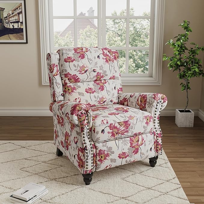 Pushback Recliner Chair Upholstered Armchair Wingback Recliner Chair Floral Fabric Push Back Recliner with Wood Legs Rivet Trim Single Sofa Accent Chair for Living Room Bedroom Pattern White