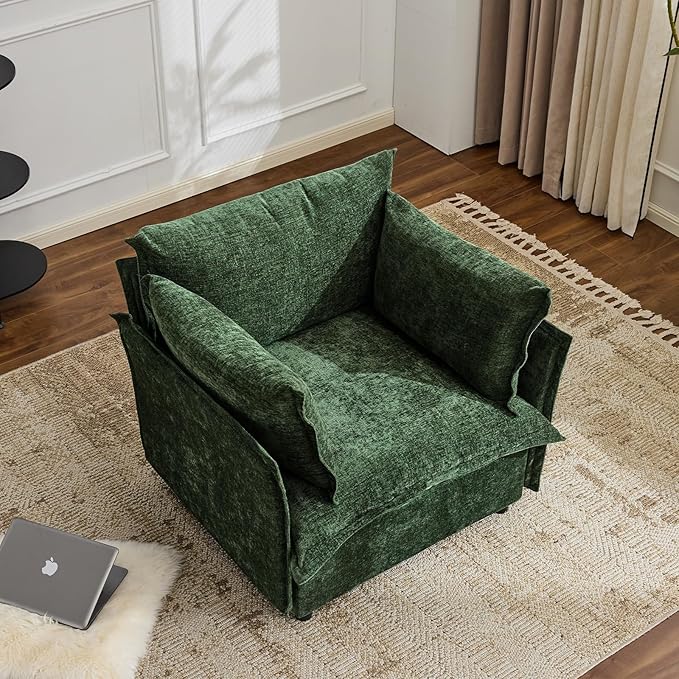 VINGLI Green Accent Chair 34 Width Oversized Reading Chair Upholstered Armchair Soft Chenille Fabric Living Room Chairs Sofa for Adults Bedroom Home Office Play Room
