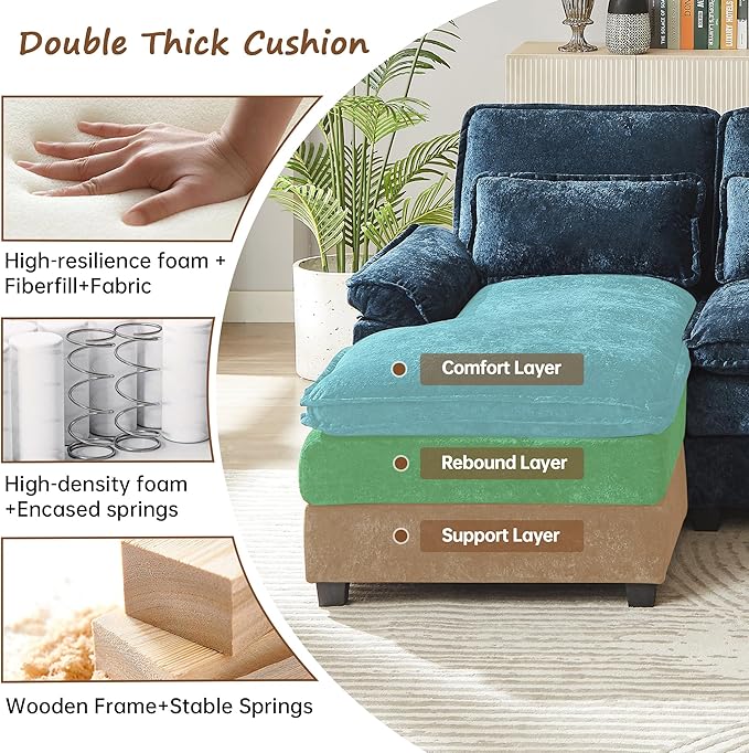 113 U Shaped Sectional Sofa Comfy Cloud Couch Chenille Sofa Sleeper Deep Seat Sofa with 4 Throw Pillows 4-Seater Double-Layer Modern Sofa for Living Room Dark Blue