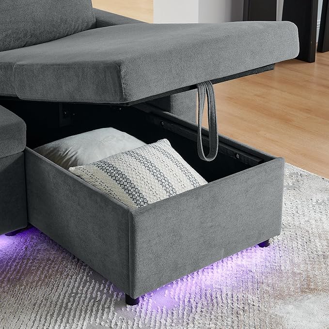 KEIKI 85 L-Shaped Chenille Sectional Sofa with Pull-Out Bed Storage Chaise Lounge Retractable Table USB Cup Holders Convertible 3-Seater Sleeper Couch Bed Easy Assembly for Living Room Grey